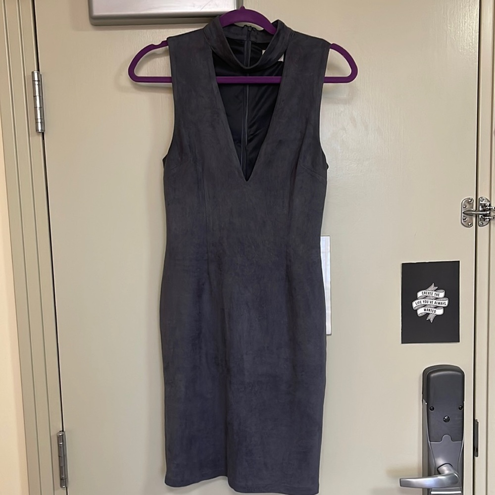 Grey suede mini-dress with choker detail and deep v.